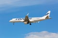 Moscow, Russia - May, 2018: Embraer ERJ-190LR OH-LKL of Finnair landing at Sheremetyevo international airport in Moscow against bl Royalty Free Stock Photo