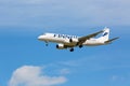 Moscow, Russia - May, 2018: Embraer ERJ-190LR OH-LKL of Finnair landing at Sheremetyevo international airport in Moscow against bl Royalty Free Stock Photo