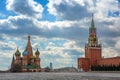 Moscow, Russia, May 2020. Empty Red Square. St. Basil`s Cathedral, Spasskaya Tower. Sunny day Royalty Free Stock Photo