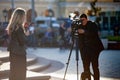 MOSCOW, RUSSIA - May 21, 2018: The film crew of the Bulgarian TV channel Kanal 3 shoots a report near the Bolshoi Theater Royalty Free Stock Photo