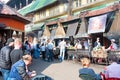 Daily Flea market full of people in Izmailovo Kremlin, people in local eateries.