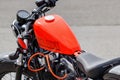 Moscow, Russia - May 04, 2019: Forty Eight Harley Davidson motorcycle with bright orange fuel tank closeup. Moto festival Royalty Free Stock Photo