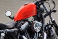 Moscow, Russia - May 04, 2019: Forty Eight Harley Davidson motorcycle with bright orange fuel tank closeup. Moto festival