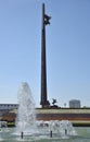 Moscow, Russia, May 18, 2021: Fountain complex `Years of War` and main obelisk in form of soldier`s bayonet with bronze goddess of