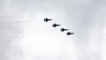 Moscow, Russia - May, 05, 2021: Four MIG-31K with Kh-47M2 Kinzhal missle flying over Red Square during the preparation of the May Royalty Free Stock Photo