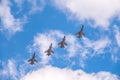 Moscow, Russia - May, 05, 2021: Four MIG-31K with Kh-47M2 Kinzhal missle flying over Red Square during the preparation of the May