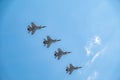 Moscow, Russia - May, 05, 2021: Four MIG-31K with Kh-47M2 Kinzhal missle flying over Red Square during the preparation of the May Royalty Free Stock Photo