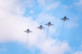 Moscow, Russia - May, 05, 2021: Four MIG-31K with Kh-47M2 Kinzhal missle flying over Red Square during the preparation of the May Royalty Free Stock Photo