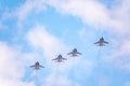 Moscow, Russia - May, 05, 2021: Four MIG-31K with Kh-47M2 Kinzhal missle flying over Red Square during the preparation of the May