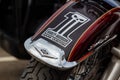 Moscow, Russia - May 04, 2019: Front fender of Harley Davidson motorcycle with Dark Custom emblem closeup. Moto festival