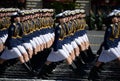 Girls-cadets of the military academy during the parade on Red Square in honor of the Victory Day.