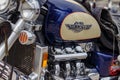 Moscow, Russia - May 04, 2019: Glossy fuel tank with Honda Valkyrie emblem and chromed engine closeup. Moto festival MosMotoFest