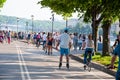 Gorky Central Park of Culture and Leisure full of locals and tourists during midday in Moscow downtown.