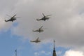 A group of Mi-35M and Mi-24 attack combat helicopters in the sky over Moscow`s Red Square during the dress rehearsal of the Victor Royalty Free Stock Photo