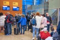 MOSCOW, RUSSIA, May 07 2021: Group of people standing in queue at boarding gate at sheremetyevo international airport. Closeup