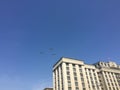 MOSCOW, RUSSIA - MAY 04, 2018: The group of Russian fighters fly over Red Square. Dress rehearsal of the Victory Day parade on Red Royalty Free Stock Photo