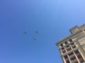 MOSCOW, RUSSIA - MAY 04, 2018: The group of Russian fighters fly over Red Square. Dress rehearsal of the Victory Day parade on Red Royalty Free Stock Photo