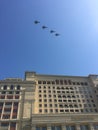 MOSCOW, RUSSIA - MAY 04, 2018: The group of Russian fighters fly over Red Square. Dress rehearsal of the Victory Day parade on Red