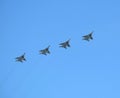 MOSCOW, RUSSIA - May 9, 2018: Group of Russian military supersonic fighters MIG-29STM in flight against the blue sky Royalty Free Stock Photo