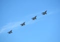 MOSCOW, RUSSIA - May 9, 2018: Group of Russian military supersonic high-altitude all-weather long-range interceptor MIG-31 Foxhou