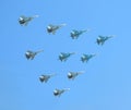 MOSCOW, RUSSIA - May 9, 2018: Group of Russian military supersonic high-altitude interceptors SU-34, SU-35, SU-30SM shows figure T