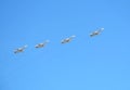 MOSCOW, RUSSIA - May 9, 2018: Group of Russian military tactical front-line bombers SU-24 in flight in the blue sky