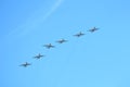 MOSCOW, RUSSIA - May 9, 2018: Group of Russian military tactical front-line bombers SU-25 in flight in the blue sky