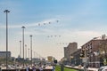 Moscow, Russia - May 04, 2018:  groups of helicopters of Russian air force flying over Leningradsky Prospect during Victory Day Royalty Free Stock Photo