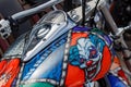 Moscow, Russia - May 04, 2019: Honda motorcycle with airbrushing of evil clown on fuel tank closeup. Moto festival MosMotoFest Royalty Free Stock Photo