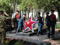 Moscow, Russia, May 9, 2018, honoring the Great Patriotic War by soldiers of the Transfiguration Regiment and war veterans.