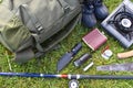 Survival in the forest. hike with a backpack in nature. Hobby men`s hunting and fishing