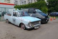 Moscow, Russia - May 03, 2019: IZH 2715. Retro custom car. Russian classic Pickup, reconstructed and tuned by low suspension.