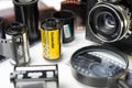 Moscow,Russia - may 21, 2019: Kodak film, film camera, and developed film close-up