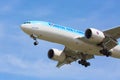 Moscow, Russia - May, 2018: Korean Air Cargo Airplane Boeing landing at Sheremetyevo international airport in Moscow against blue