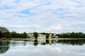 Moscow, RUSSIA-May 11, 2015: Kuskovo park, pond and Kuskovo palace. Kuskovo was the estate of the Sheremetev family. Royalty Free Stock Photo