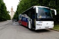 MOSCOW, RUSSIA - MAY 25, 2019: a Large tourist bus stands in the alley of MSU