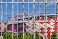 Main view of Spartak Stadium or `Otkritie Arena` behind fence.