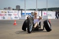 Moscow. Russia - May 20, 2019: A man rides at the street on a homemade tricycle. On trike. These Borbet A alloy wheels are mounted