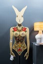 Moscow, Russia - May 6, 2023. Mannequin in the form of a hare. Exhibition exhibit as an element of the interior and decoration of