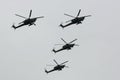 Mi-28N Night Hunter attack helicopter group over Red Square during the Victory Air Parade Royalty Free Stock Photo