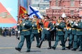 Military musicians at the dress rehearsal of the parade on red square in honor of Victory Day