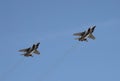 The modernized fighter-interceptor MiG-31 with hypersonic missiles `Dagger` flying in the sky over red square.