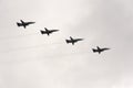 Modernized front-line bombers with a variable sweep wing Su-24M in the sky over Moscow`s Red Square during the Victory Air Parade