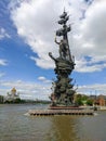 Moscow, Russia - May 31, 2021: Muzeon Art Park. Close-up on the statue of Peter Great and the embankment of the Moskva River. Royalty Free Stock Photo