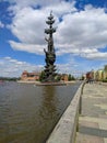 Moscow, Russia - May 31, 2021: Muzeon Art Park. View of the statue of Peter Great and the embankment of the Moskva River - Moscow