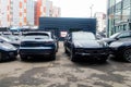 Moscow, Russia - May 18, 2019: New generation of Porsche Cayenne in gray-blue color parked on the street. Back side, taillights Royalty Free Stock Photo