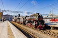 MOSCOW/RUSSIA- MAY 21 2019 Old locomotive on the platform of the Yaroslavl station in Moscow