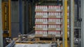 Moscow, Russia - May, 2017: Packed box on production line. Clip. Cardboard boxes on conveyor belt in factory Royalty Free Stock Photo