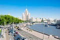 Panorama of Moscow downtown with busy Moskvoretskaya Embankment seen from Zaryadye Floating bridge.