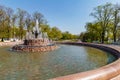 Moscow, Russia - May 01, 2019: Panorama of Repinskiy fountain and Bolotnaya square in Moscow at sunny spring morning against blue Royalty Free Stock Photo